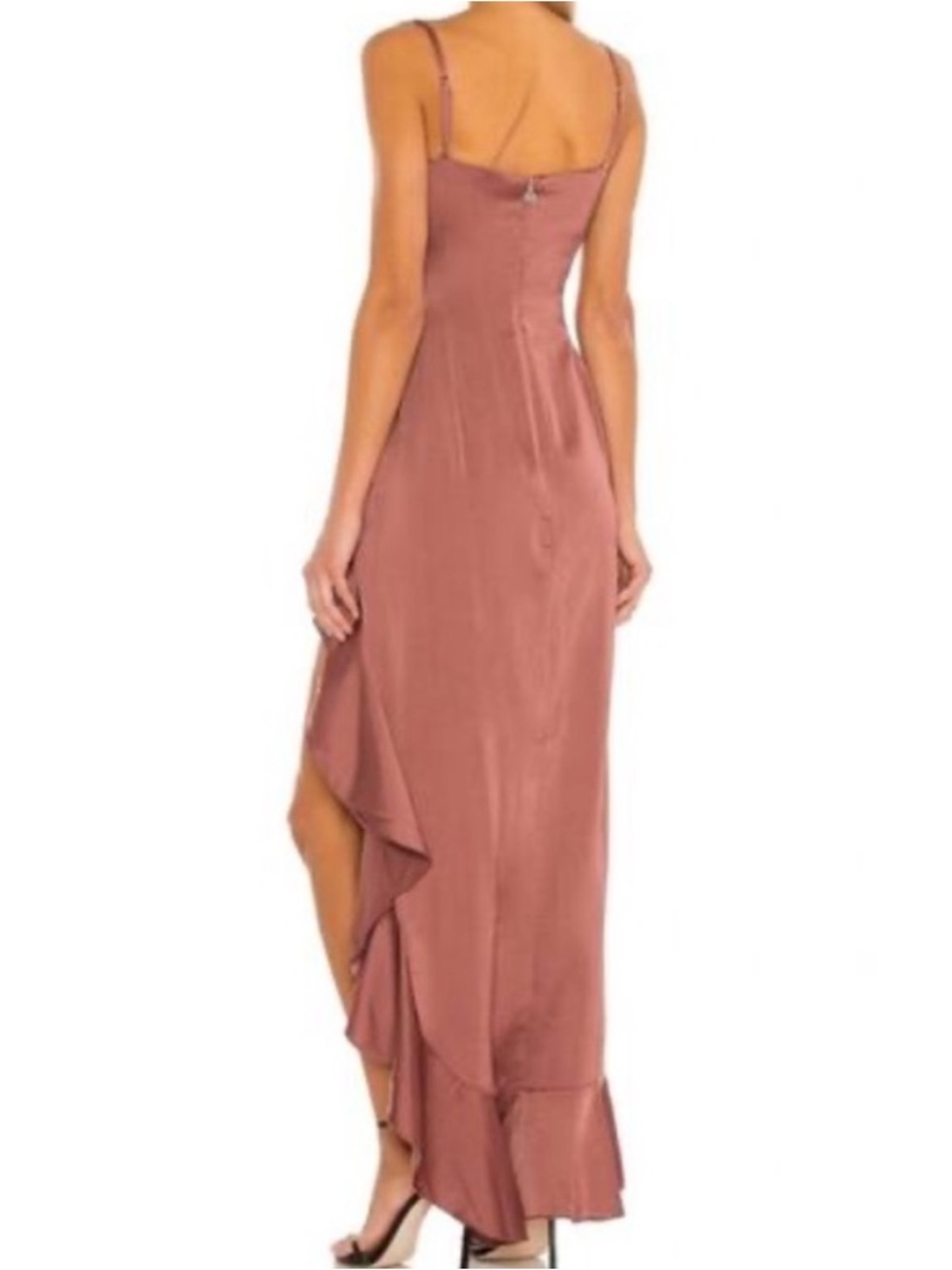 Nookie Sasha Satin High-Slit Ruffle Slip Dress in Mocha - Picture 2 of 15